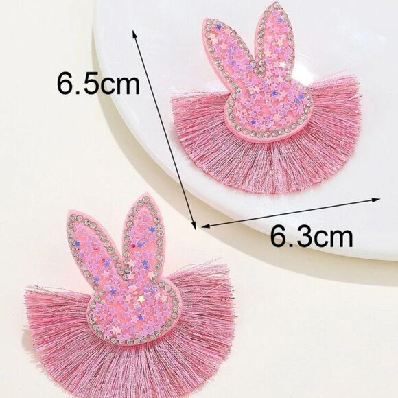 Pink Sequined Easter Bunny Fringe Earrings - Picture 4 of 7